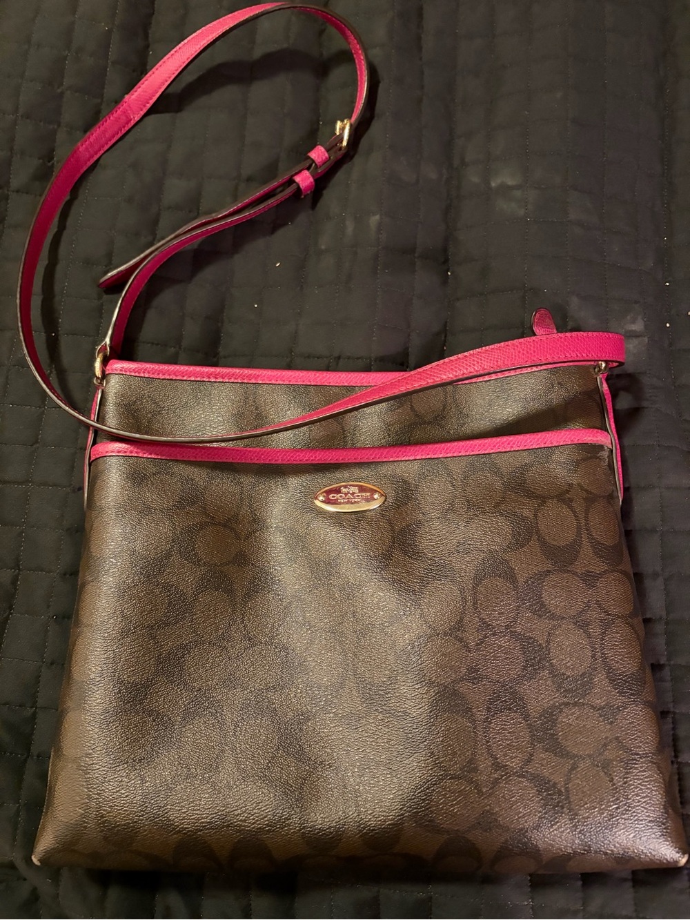 Coach Brown Signature Crossbody with Fuchsia Trim